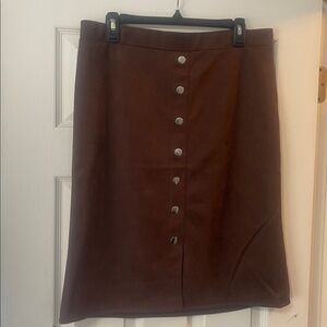 High-Rise Faux Suede Midi Skirt with Front Snap Closure - Brown